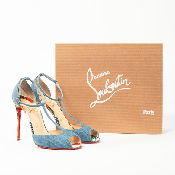 Christian Louboutin Senora 100 Blue & White Jeans / Calf Hawaii T-Strap Sandals - Picture 12 of 12
